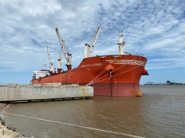 Longest ship ever to enter Demerara River docks at Vreed-en-Hoop shore base